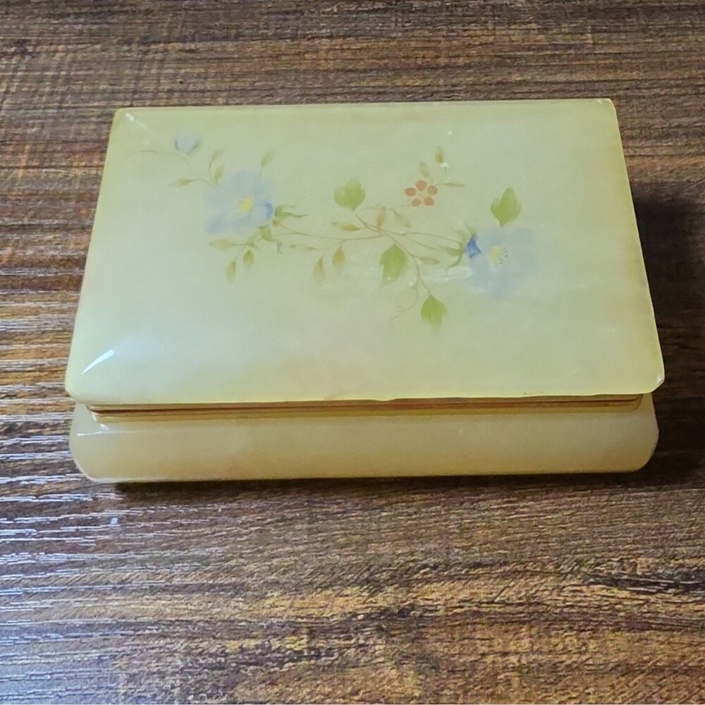 Vintage Italian Alabaster Trinket Jewelry Box Hinged Heavy Floral Themed